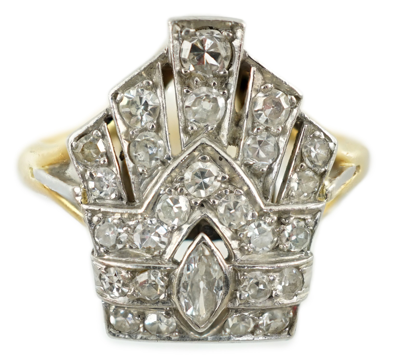 An 18ct gold, platinum and diamond cluster set coronet ring